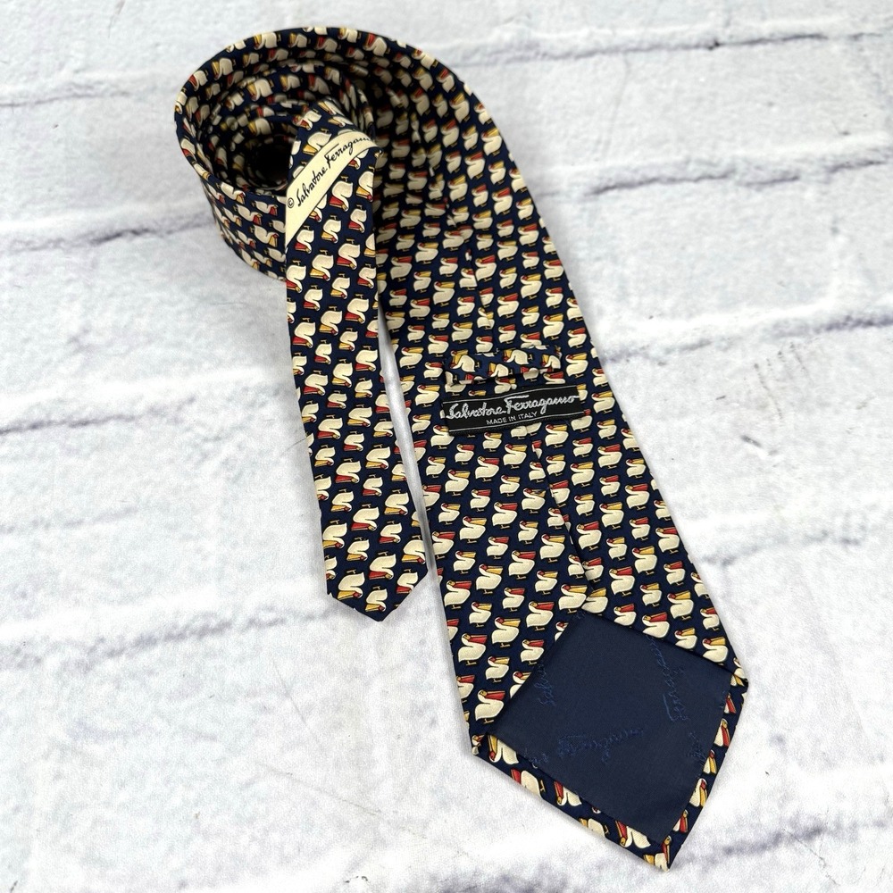 Salvatore Ferragamo Blue Silk Tie Pelican AOP Animal Print 59" Made In Italy